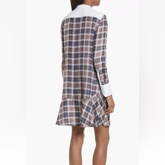 Tory Burch Cora Milano Tartan Silk Mini Brown Blue Shirt Dress Plaid Size 0 - Picture 8 of 15